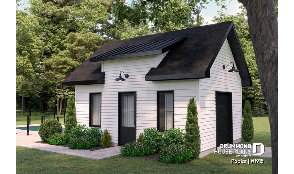 front - BASE MODEL - Garden shed plan with garage door, farmhouse style - Poplar