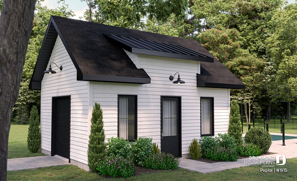 front - BASE MODEL - Garden shed plan with garage door, farmhouse style - Poplar