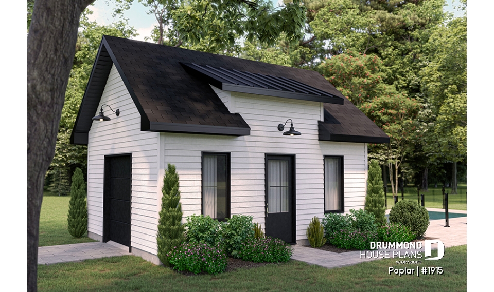 front - BASE MODEL - Garden shed plan with garage door, farmhouse style - Poplar