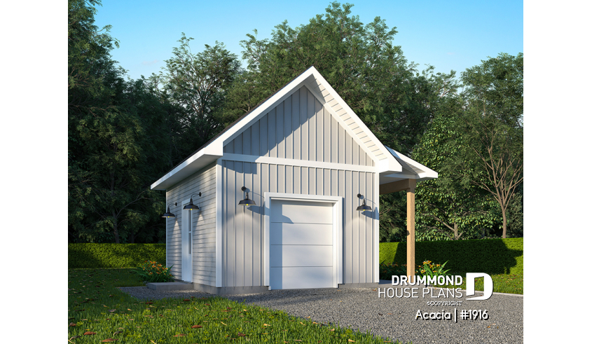 front - BASE MODEL - Shed plan with bathroom, lean-to to store bicycles or firewood in the shelter - Acacia