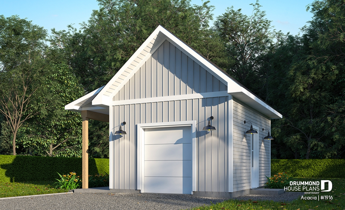front - BASE MODEL - Shed plan with bathroom, lean-to to store bicycles or firewood in the shelter - Acacia
