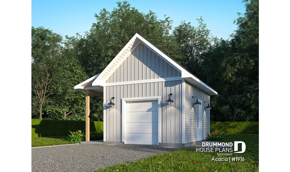 front - BASE MODEL - Shed plan with bathroom, lean-to to store bicycles or firewood in the shelter - Acacia