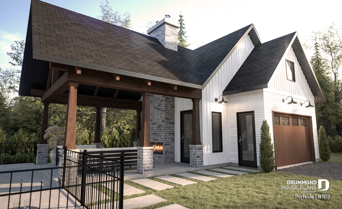 front - BASE MODEL - Plan for garage, boat, small motorhome or car offering a sheltered terrace w/fireplace, a half bath &amp; storage - Portside