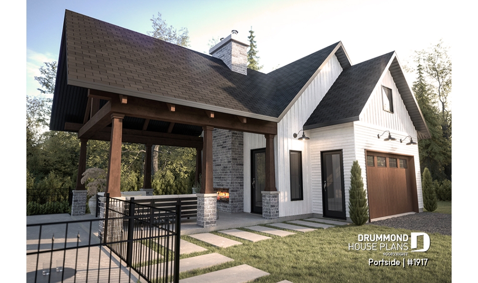 front - BASE MODEL - Plan for garage, boat, small motorhome or car offering a sheltered terrace w/fireplace, a half bath &amp; storage - Portside