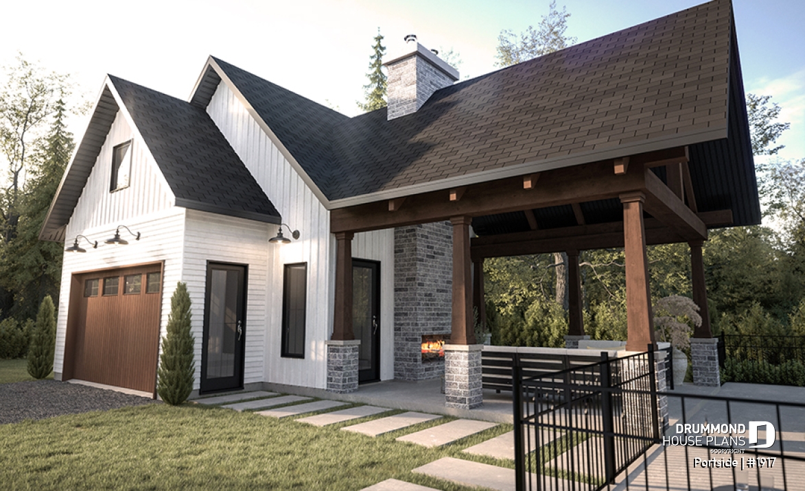 front - BASE MODEL - Plan for garage, boat, small motorhome or car offering a sheltered terrace w/fireplace, a half bath &amp; storage - Portside