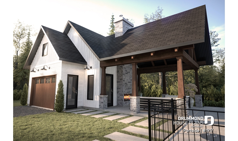 front - BASE MODEL - Plan for garage, boat, small motorhome or car offering a sheltered terrace w/fireplace, a half bath &amp; storage - Portside