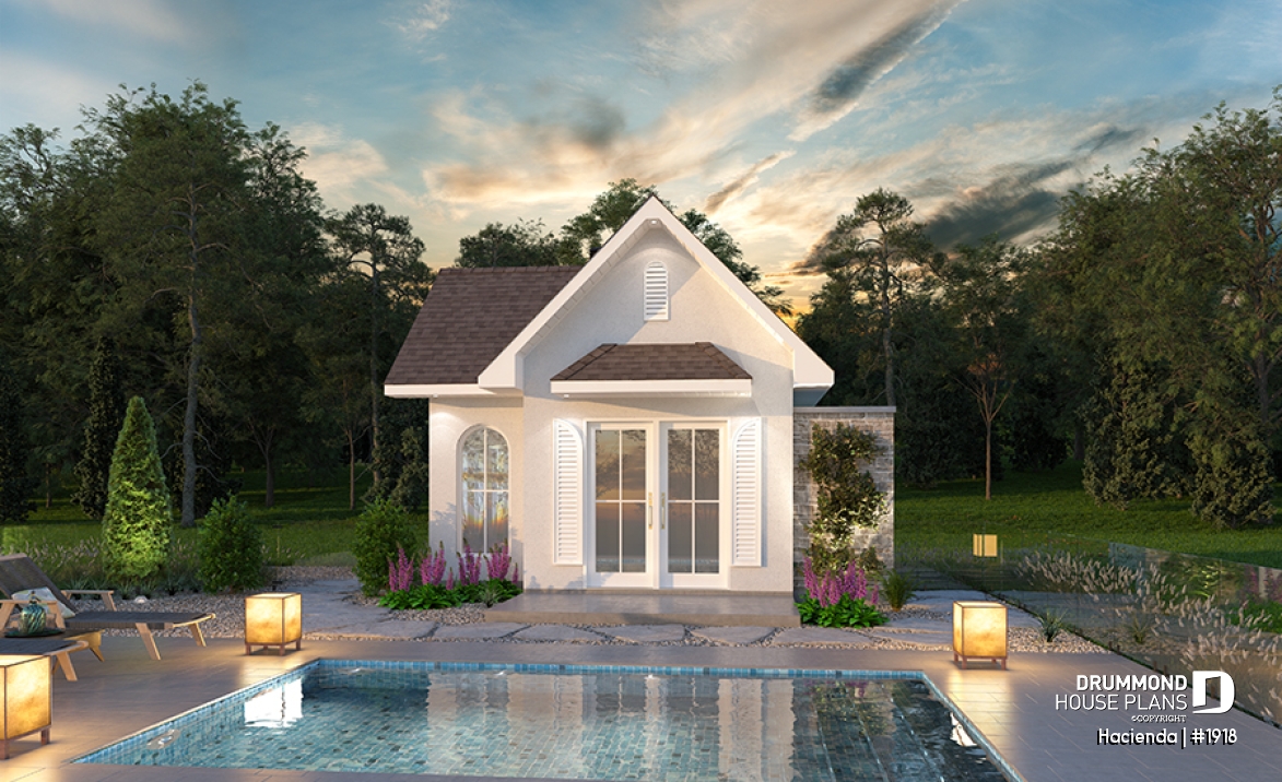 front - BASE MODEL - Pool cabana plan with small kitchen, half bath, large interior storage and outdoor shower - Hacienda