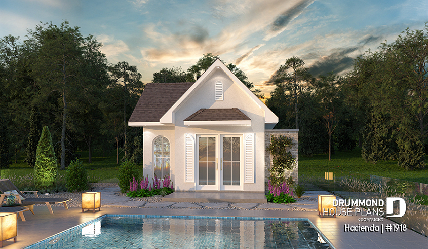 front - BASE MODEL - Pool cabana plan with small kitchen, large storage and outdoor shower - Hacienda