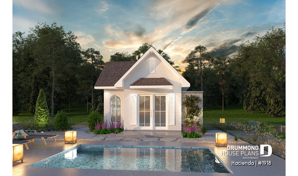 front - BASE MODEL - Pool cabana plan with small kitchen, half bath, large interior storage and outdoor shower - Hacienda