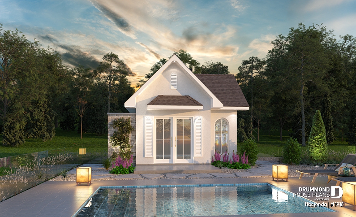 front - BASE MODEL - Pool cabana plan with small kitchen, half bath, large interior storage and outdoor shower - Hacienda