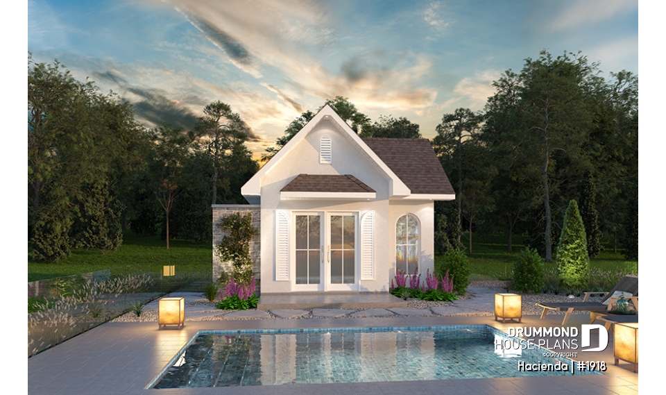 front - BASE MODEL - Pool cabana plan with small kitchen, half bath, large interior storage and outdoor shower - Hacienda