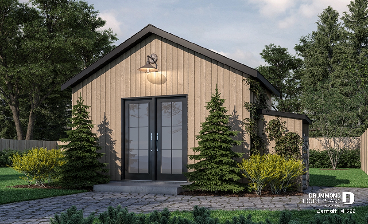 front - BASE MODEL - Stylish and simple shed plan with shelf and log storage areas - Zermatt