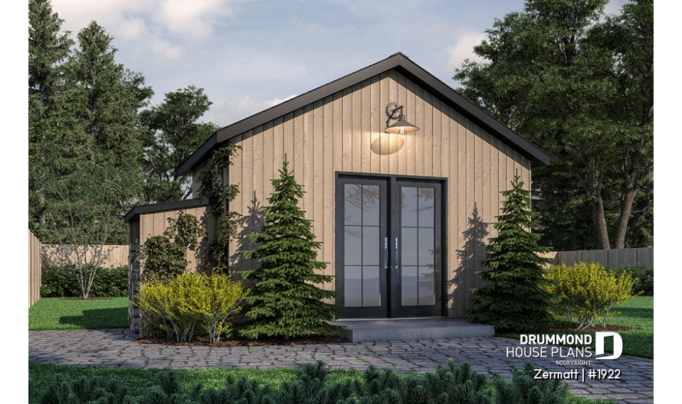 front - BASE MODEL - Stylish and simple shed plan with shelf and log storage areas - Zermatt