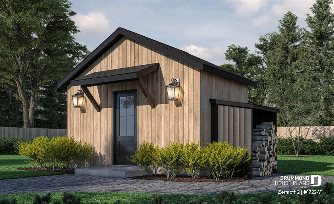 front - BASE MODEL - Stylish and simple shed plan with shelf and log storage areas - Zermatt 2