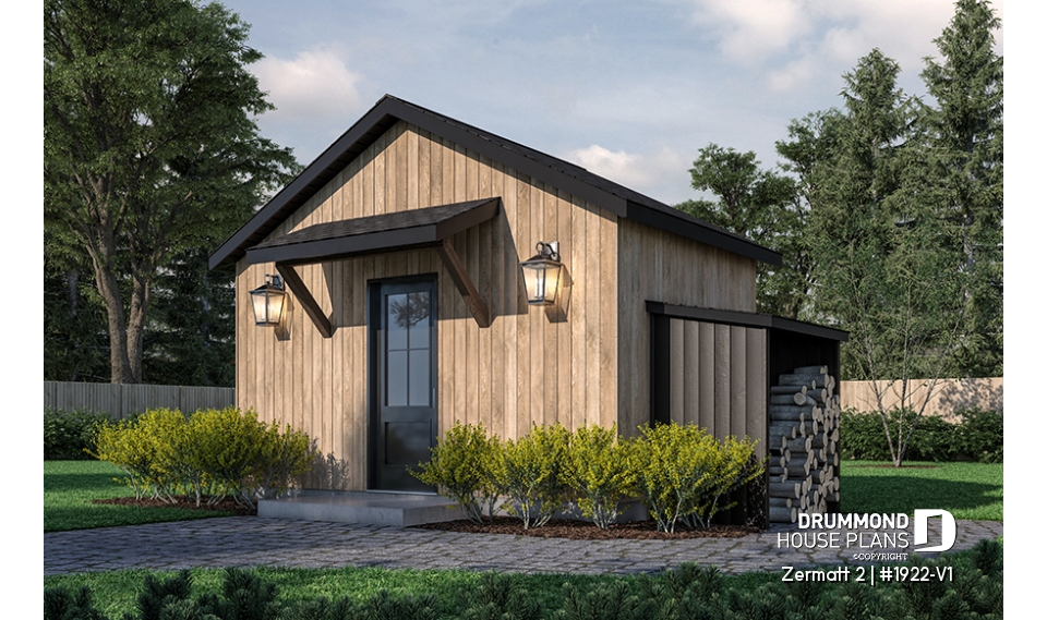 front - BASE MODEL - Stylish and simple shed plan with shelf and log storage areas - Zermatt 2