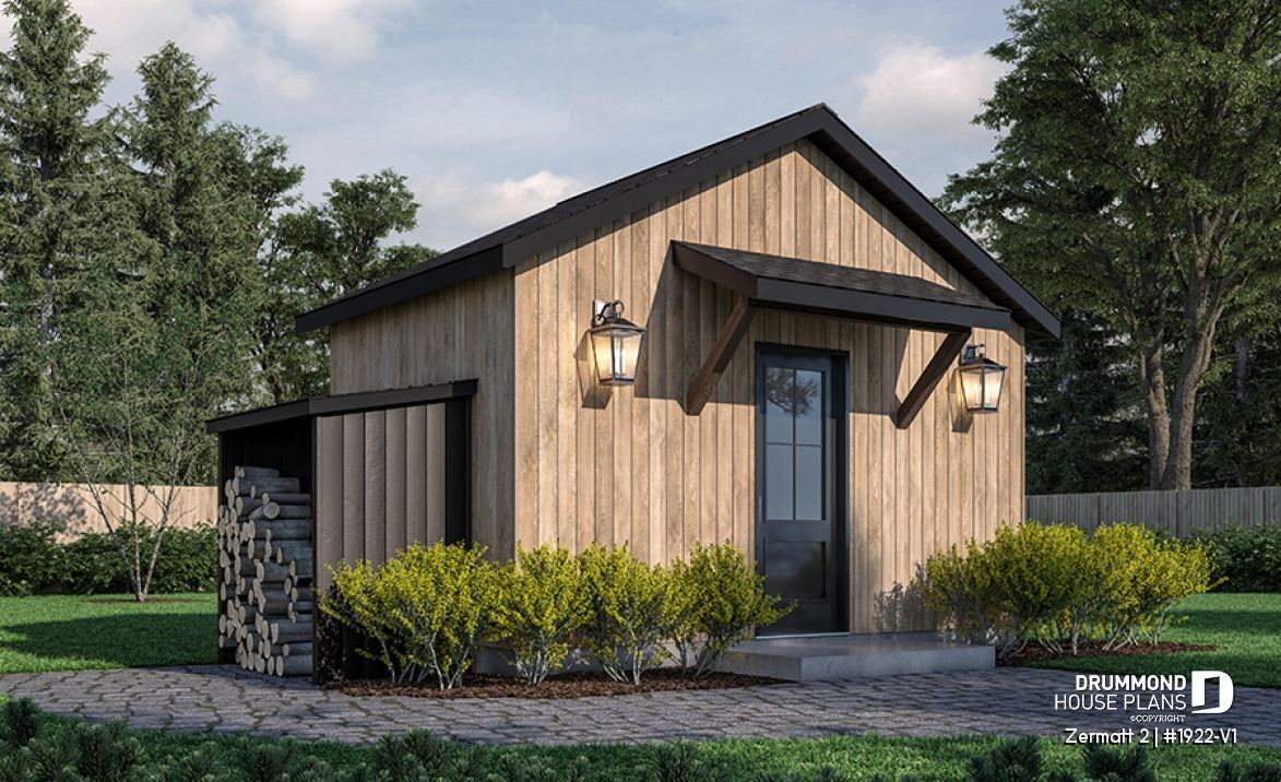 front - BASE MODEL - Stylish and simple shed plan with shelf and log storage areas - Zermatt 2