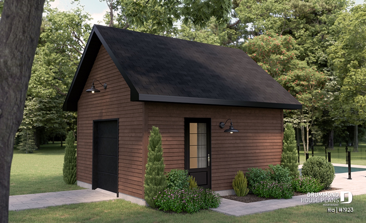 front - BASE MODEL - Shed plan featuring a mini garage door for easy storage - Kia