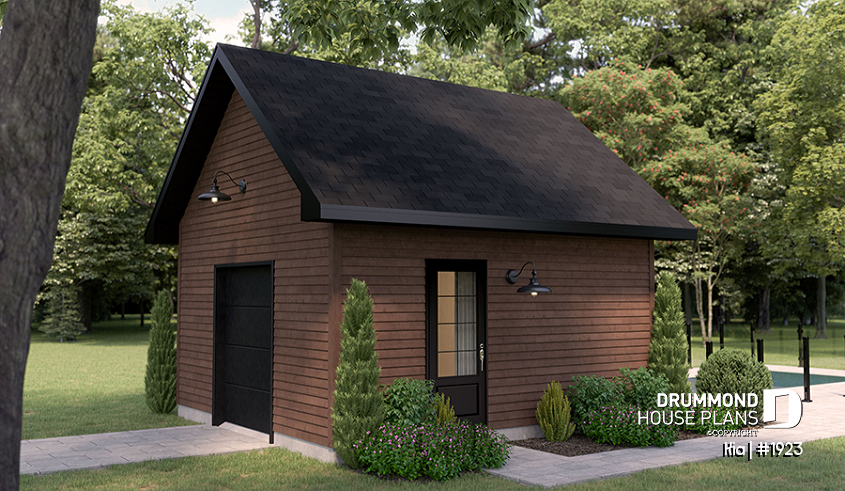 front - BASE MODEL - Shed plan featuring a mini garage door for easy storage - Kia