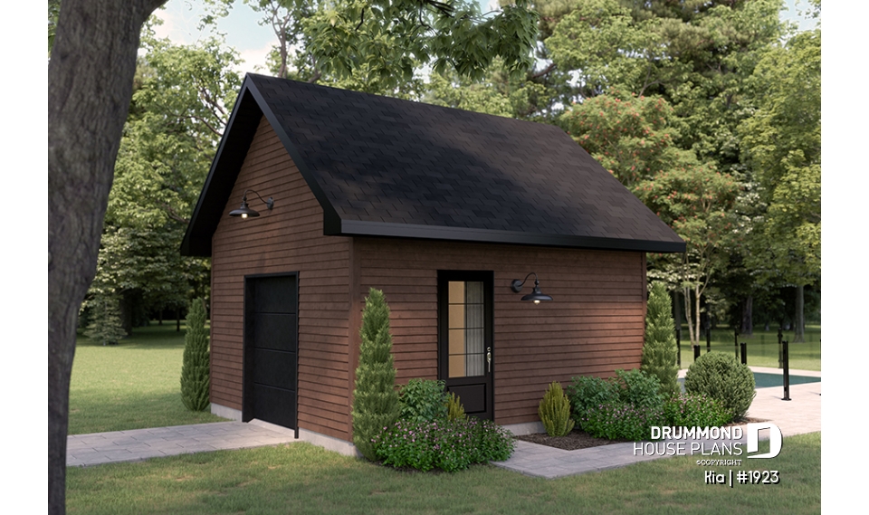 front - BASE MODEL - Shed plan featuring a mini garage door for easy storage - Kia