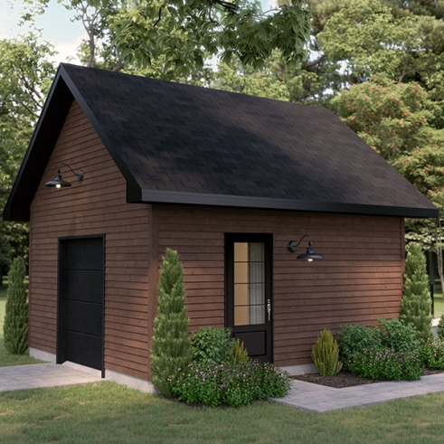 front - BASE MODEL - Shed plan featuring a mini garage door for easy storage - Kia