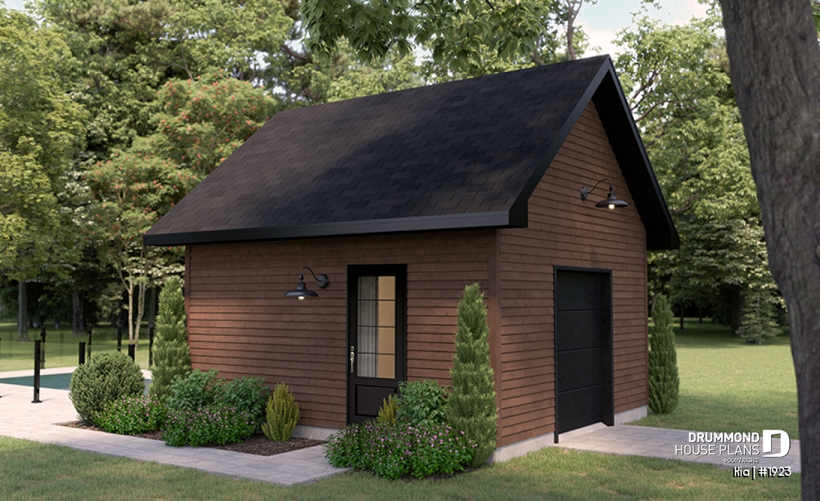 front - BASE MODEL - Shed plan featuring a mini garage door for easy storage - Kia