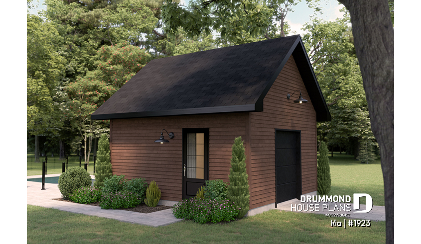 front - BASE MODEL - Shed plan featuring a mini garage door for easy storage - Kia