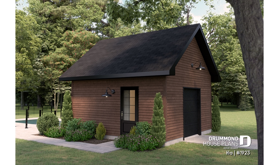 front - BASE MODEL - Shed plan featuring a mini garage door for easy storage - Kia