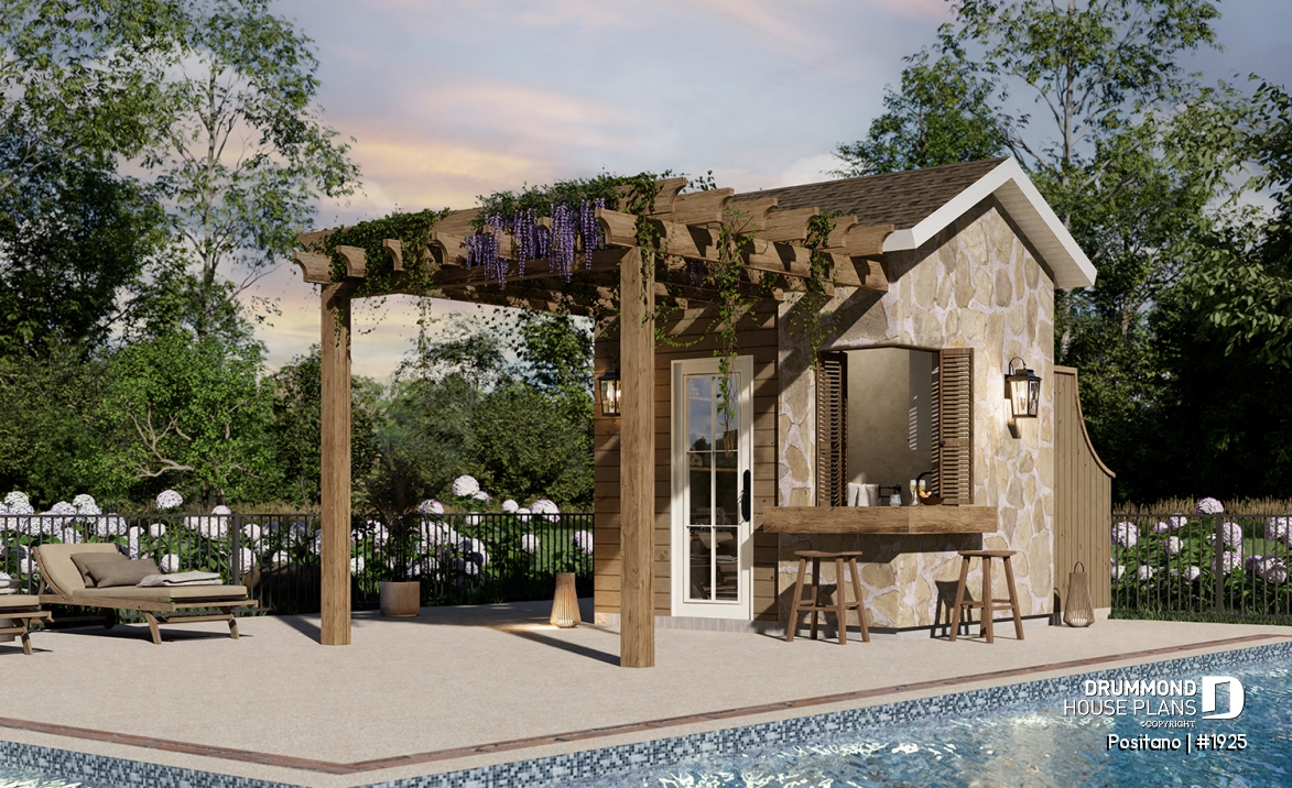 front - BASE MODEL - European-style pool house 10' x 8' with outdoor bar, pergola, sink and bathroom - Positano