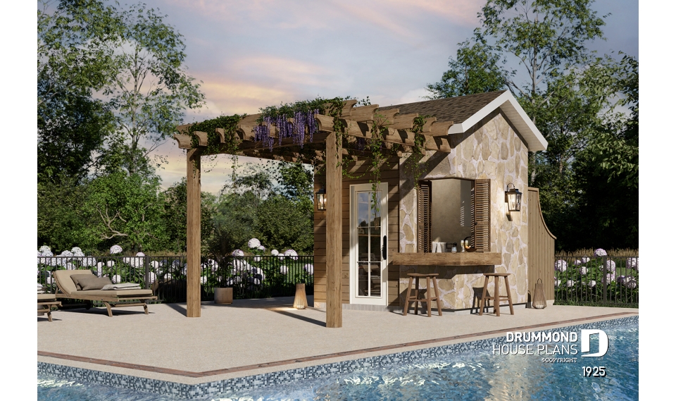 front - BASE MODEL - European-style pool house 10' x 8' with outdoor bar, pergola, sink and bathroom - Positano