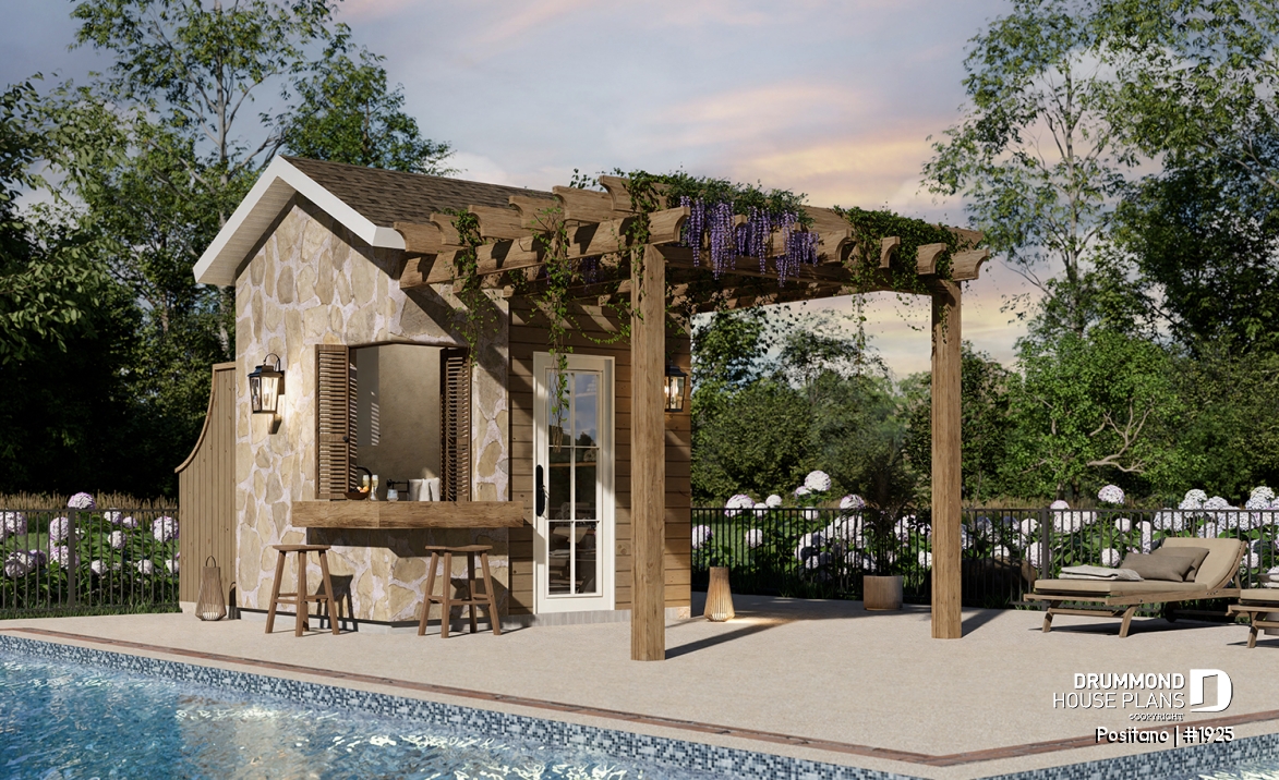 front - BASE MODEL - European-style pool house 10' x 8' with outdoor bar, pergola, sink and bathroom - Positano