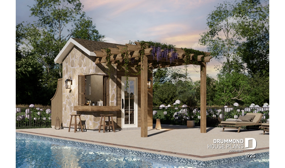 front - BASE MODEL - European-style pool house 10' x 8' with outdoor bar, pergola, sink and bathroom - Positano