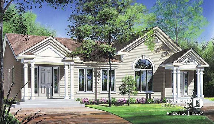 front - BASE MODEL - Duplex house plan with 2 bedrooms per unit and open floor plan concept, unfinished basement - Ambleside