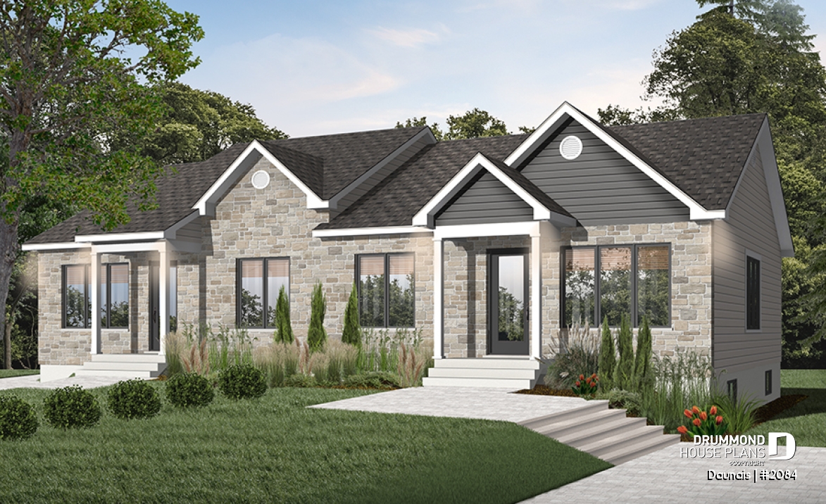front - BASE MODEL - Duplex house plan with 2 bedrooms per unit, and open floor plan concept, unfinished basement - Daunais