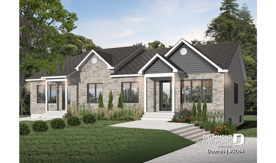 front - BASE MODEL - Duplex house plan with 2 bedrooms per unit, and open floor plan concept, unfinished basement - Daunais
