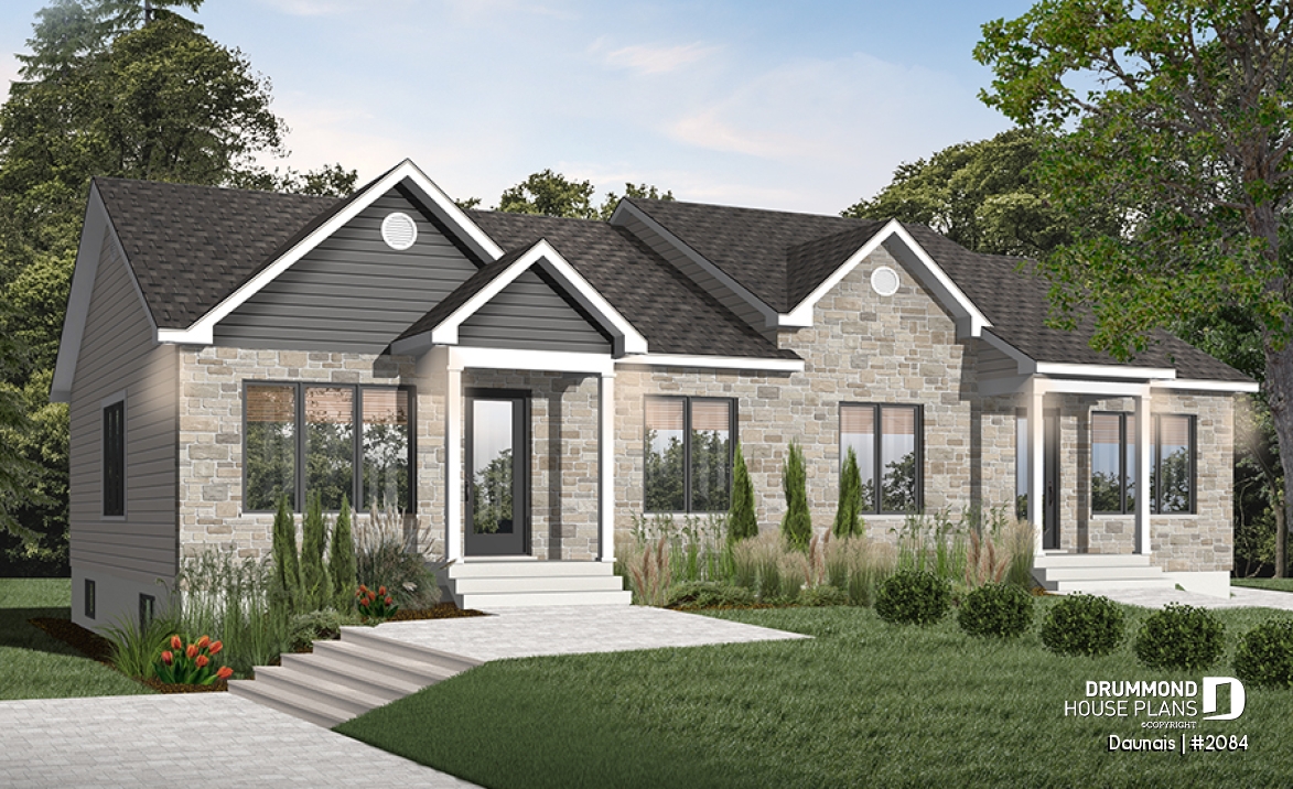 front - BASE MODEL - Duplex house plan with 2 bedrooms per unit, and open floor plan concept, unfinished basement - Daunais