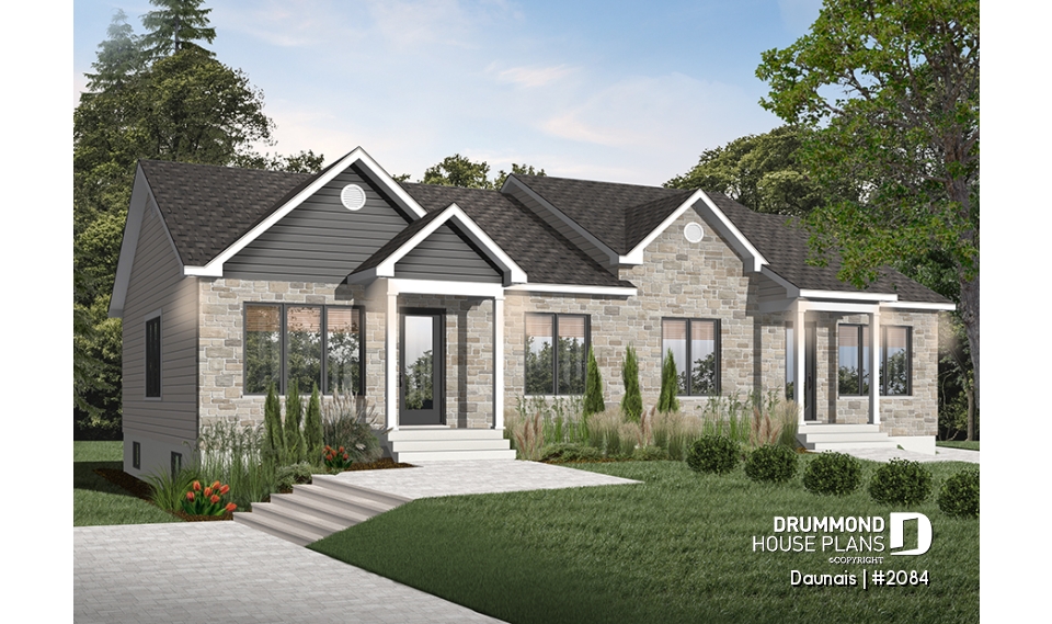front - BASE MODEL - Duplex house plan with 2 bedrooms per unit, and open floor plan concept, unfinished basement - Daunais