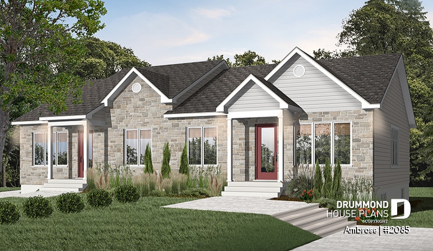 front - BASE MODEL - Semi-detached house plans with 2 bedroom per unit, lots of natural light - Ambrose