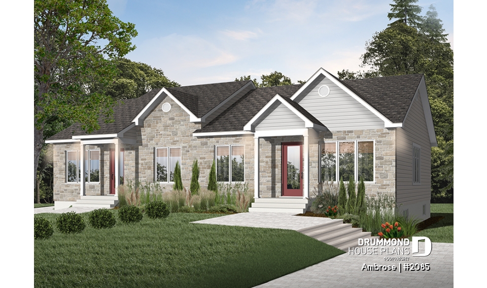 front - BASE MODEL - Semi-detached house plans with 2 bedroom per unit, lots of natural light - Ambrose