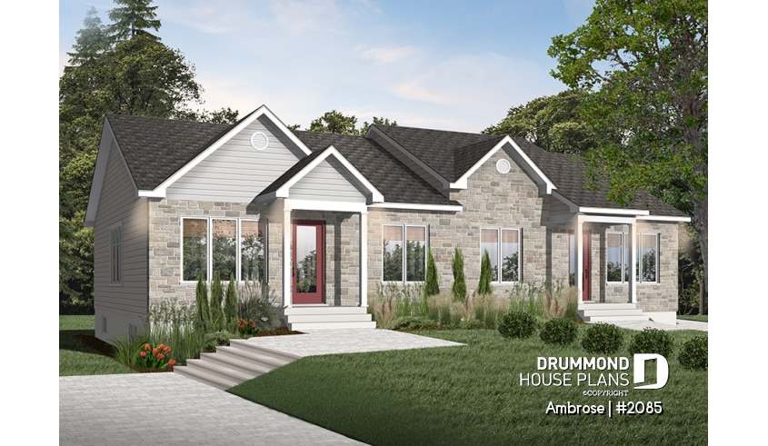 front - BASE MODEL - Semi-detached house plans with 2 bedroom per unit, lots of natural light - Ambrose