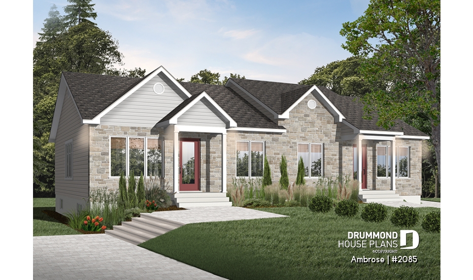 front - BASE MODEL - Semi-detached house plans with 2 bedroom per unit, lots of natural light - Ambrose