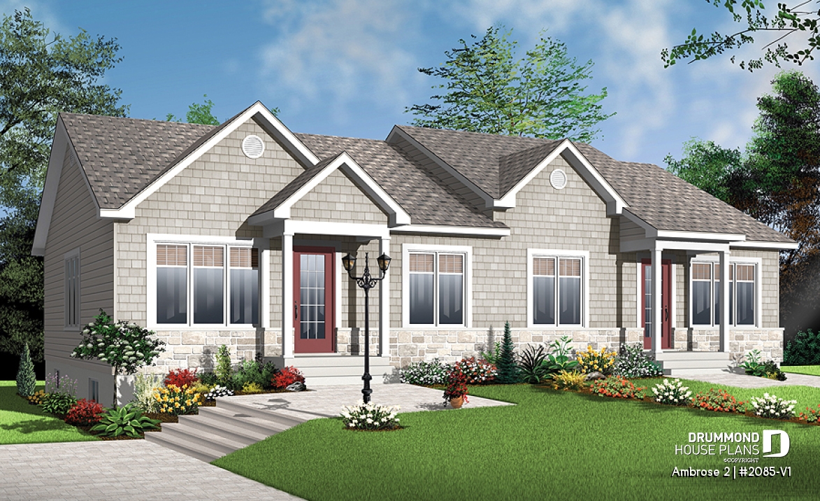 front - BASE MODEL - 2 bedroom Country style semi-detached house plan with 2 bathroom options - Ambrose 2