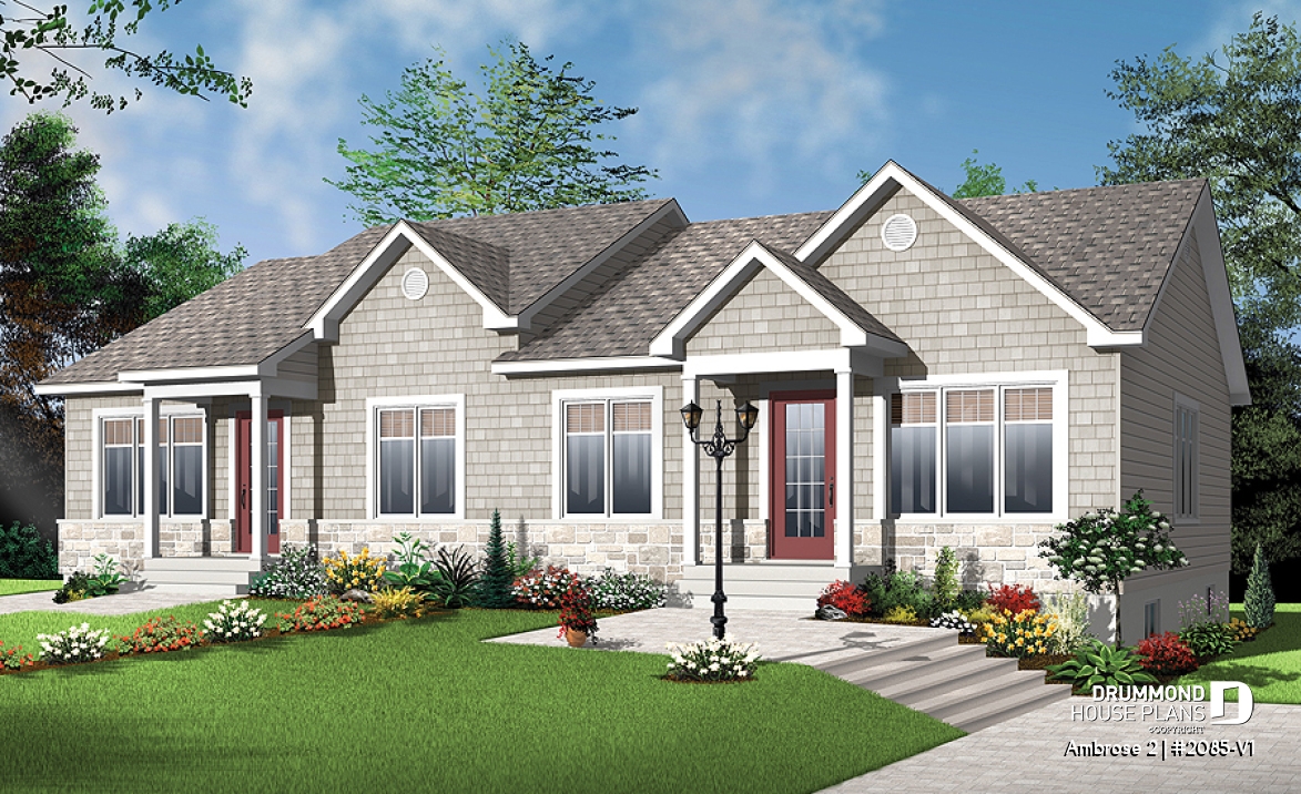 front - BASE MODEL - 2 bedroom Country style semi-detached house plan with 2 bathroom options - Ambrose 2