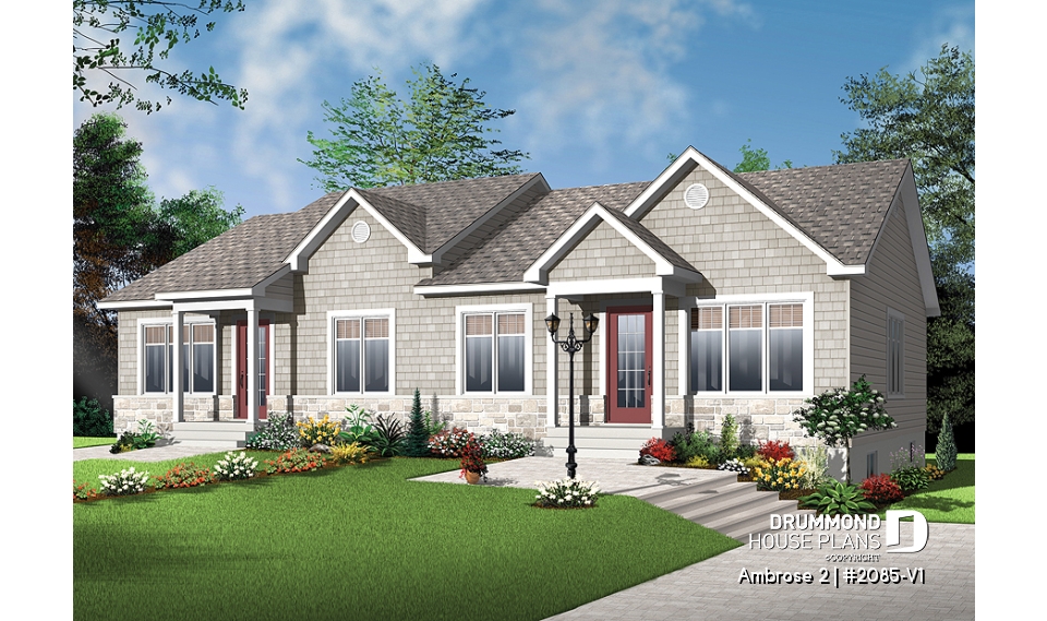 front - BASE MODEL - 2 bedroom Country style semi-detached house plan with 2 bathroom options - Ambrose 2