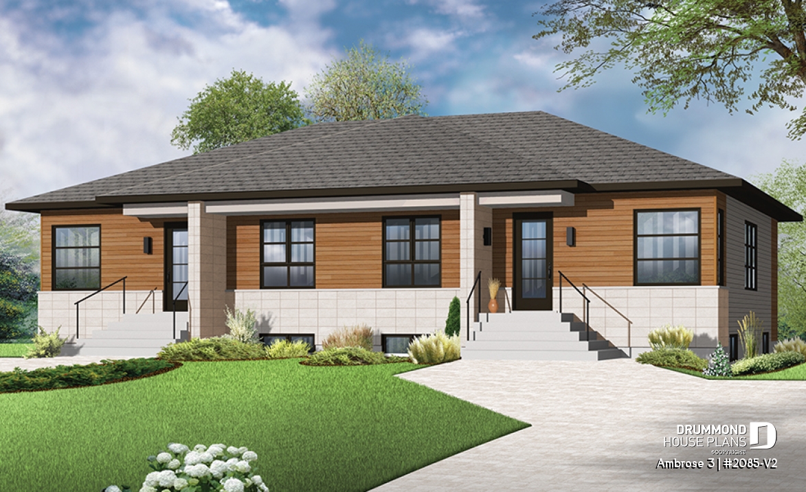 front - BASE MODEL - Modern mid-century style semi-detached home plan with 2 bedrooms, kitchen island, unfinished basement - Ambrose 3