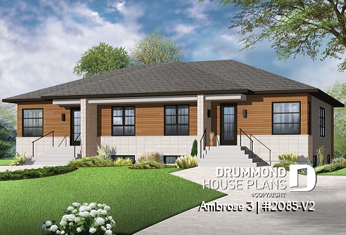 front - BASE MODEL - Modern mid-century style semi-detached home plan with 2 bedrooms, kitchen island, unfinished basement - Ambrose 3