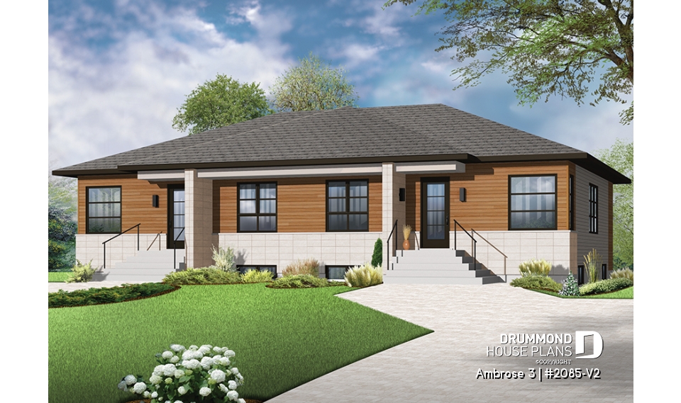 front - BASE MODEL - Modern mid-century style semi-detached home plan with 2 bedrooms, kitchen island, unfinished basement - Ambrose 3