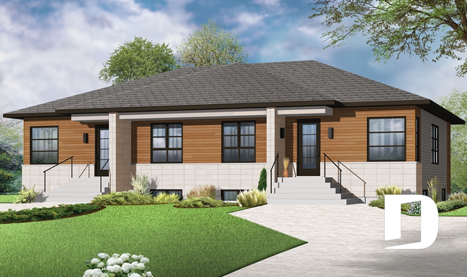 front - BASE MODEL - Modern mid-century style semi-detached home plan with 2 bedrooms, kitchen island, unfinished basement - Ambrose 3