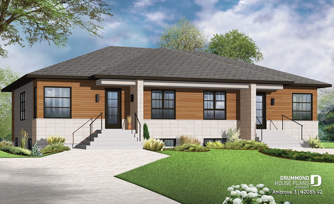 front - BASE MODEL - Modern mid-century style semi-detached home plan with 2 bedrooms, kitchen island, unfinished basement - Ambrose 3