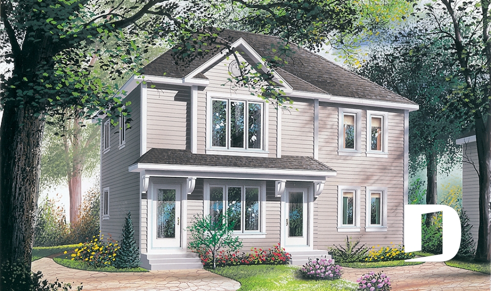 front - BASE MODEL - Duplex house plan, country style, 2 bedrooms per unit, kitchen with island, open plan concept - Abbot