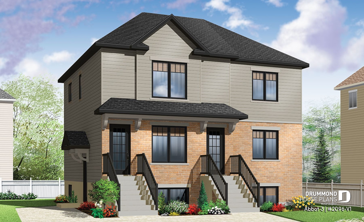 front - BASE MODEL - Economical 2 bedroom Modern style triplex house plan with great open floor plan layout  - Abbot 3